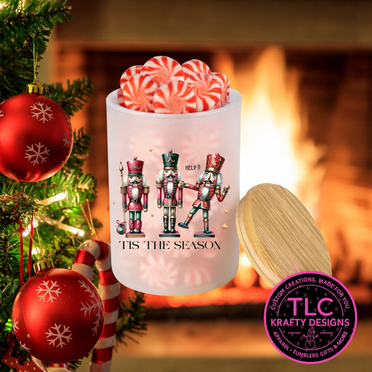 Tis the Season Clumsy Nutcracker 10oz Frosted Glass Candle or Trinket Holder with Bamboo Lid CK