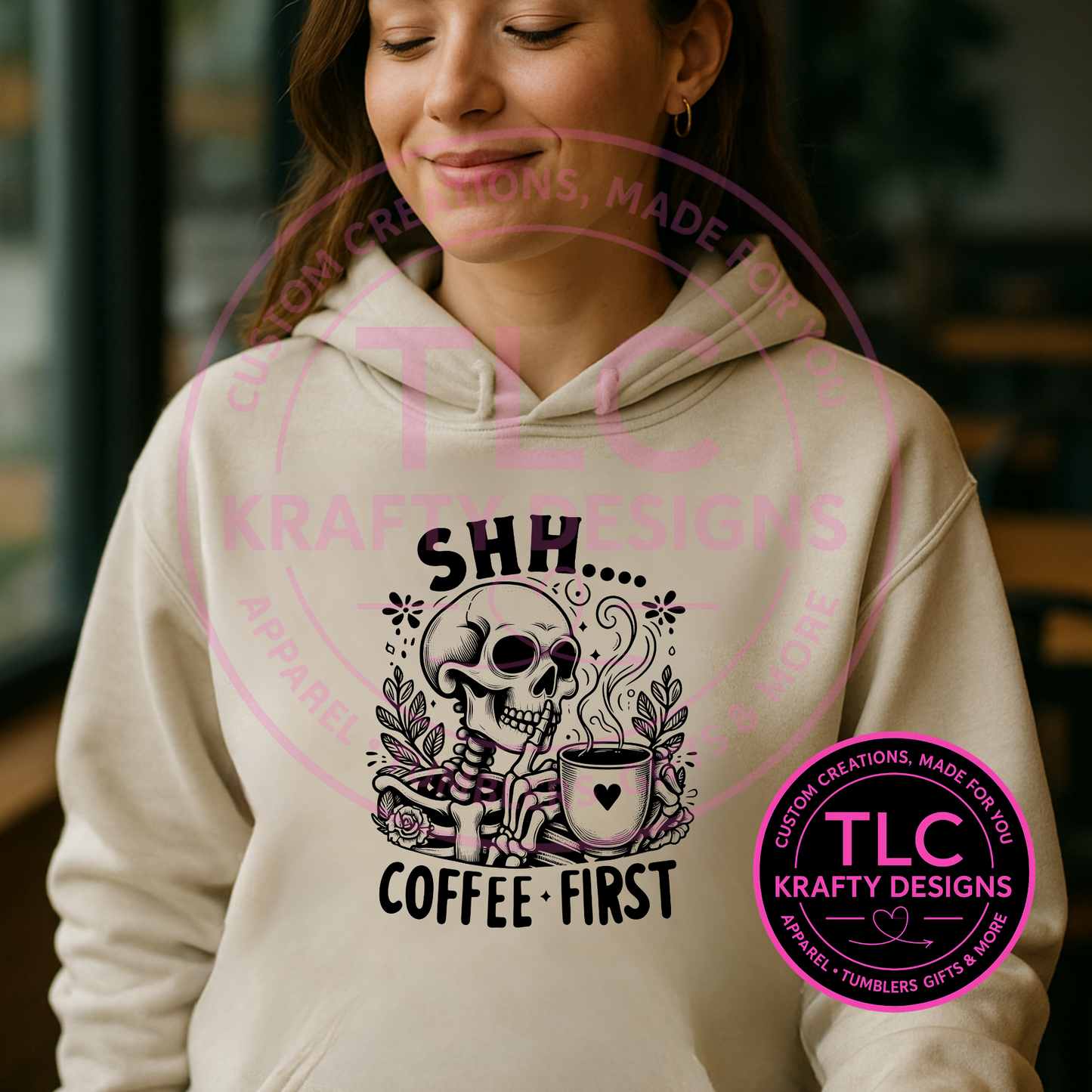 Shh… Coffee First Hoodie – Funny Skeleton Coffee Lover Pullover