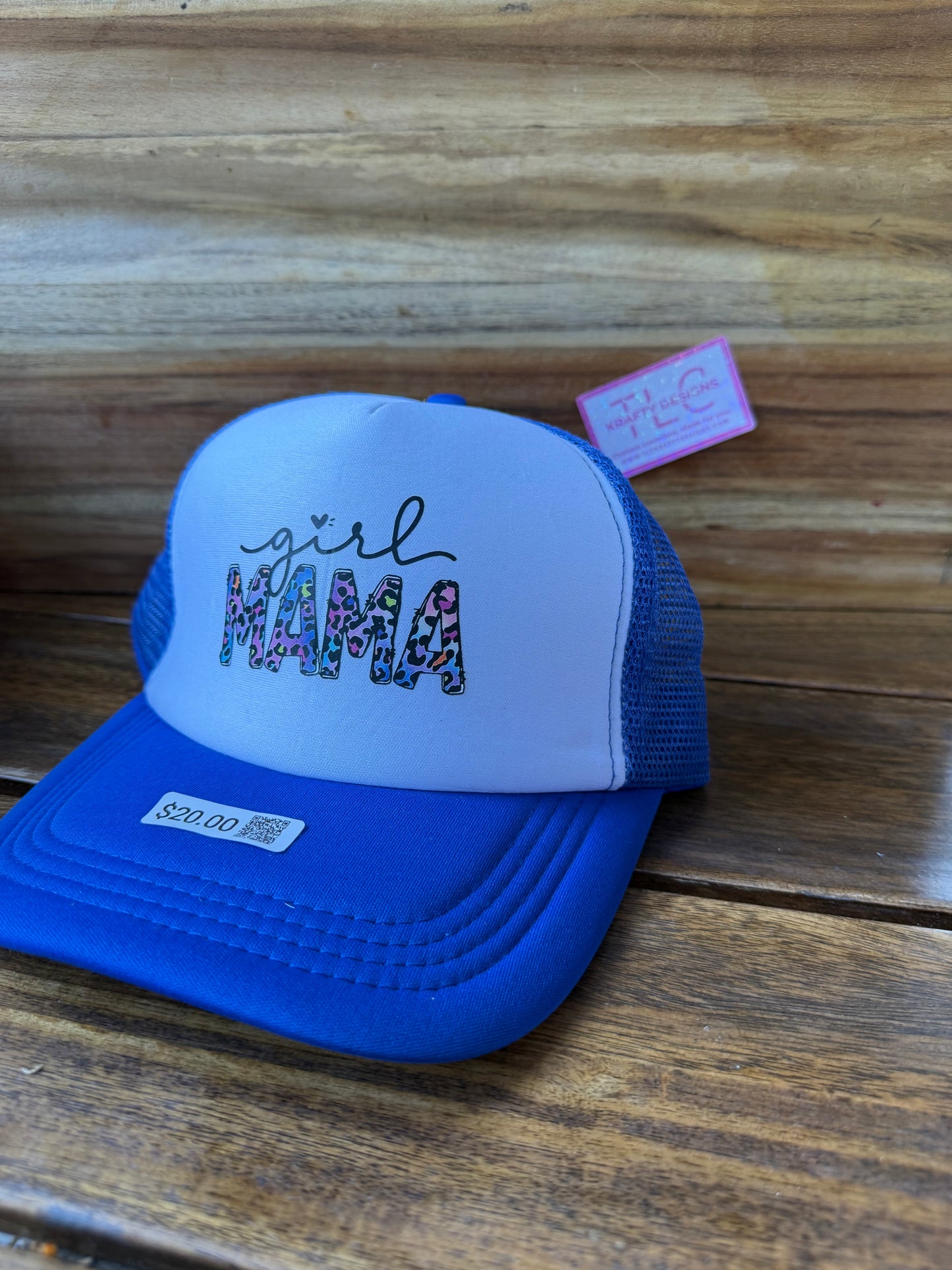 Girl Mama Trucker Hat – Royal Blue Mesh with Colorful Leopard Print Text