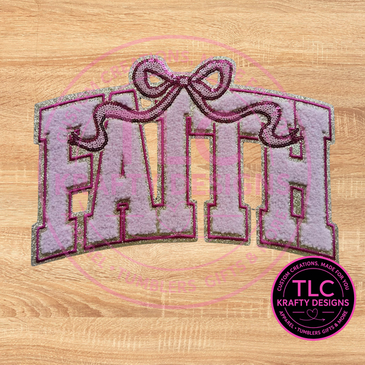 XL Faith Chenille Patch With Bow – Faith Iron-On / Sew-On Applique CK
