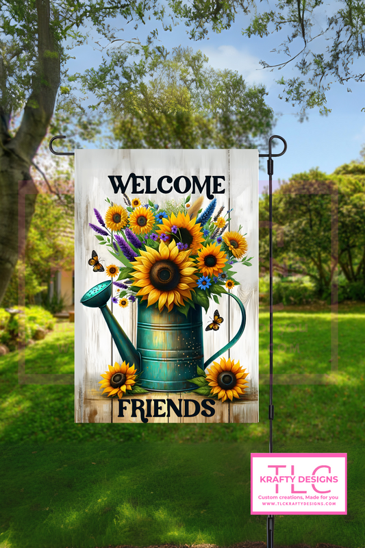 Welcome Friends Garden Flag – Sunflowers in Watering Can with Butterflies Outdoor Banner