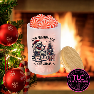 Waiting for Christmas Raccoon 10oz Frosted Glass Candle or Trinket Holder with Bamboo Lid CK