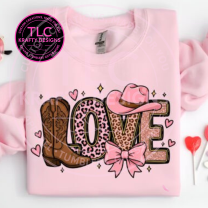Western LOVE Valentine Sweatshirt – Pink Cowgirl Boots & Bow Heart Design