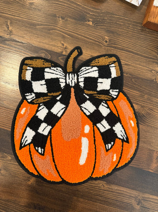 🎃 Pumpkin with Checkered Bow Patch – Chenille Iron-On Fall Accent Sweatshirt  (Approx. 10”)