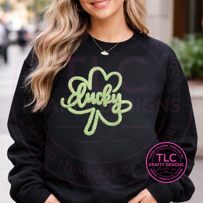 Lucky Chenille Patch Shirt or Sweatshirt | St Patrick’s Day Lucky Top | Fuzzy Clover Apparel | Green Holiday Shirt
