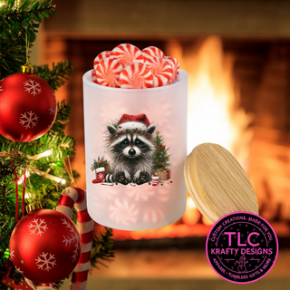 Festive Christmas Raccoon 10oz Frosted Glass Candle or Trinket Holder with Bamboo Lid CK