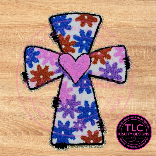 Floral With Heart Detail Cross Chenille Patch – Faith Iron-On / Sew-On Applique