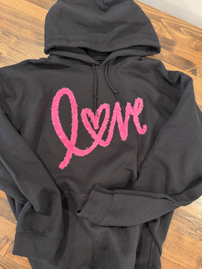 Fuzzy LOVE Sweatshirt – Pink Chenille Heart Script Cozy Pullover