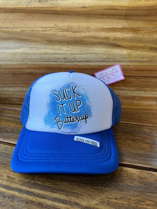 Royal Blue Trucker Hat – “Suck It Up Buttercup” Motivational Design