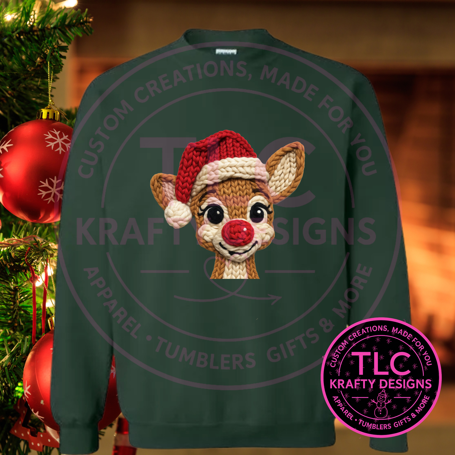 Cozy Knit Look Santa Rudolph T-Shirt - Festive Christmas Long or Short Sleeve Tee CK