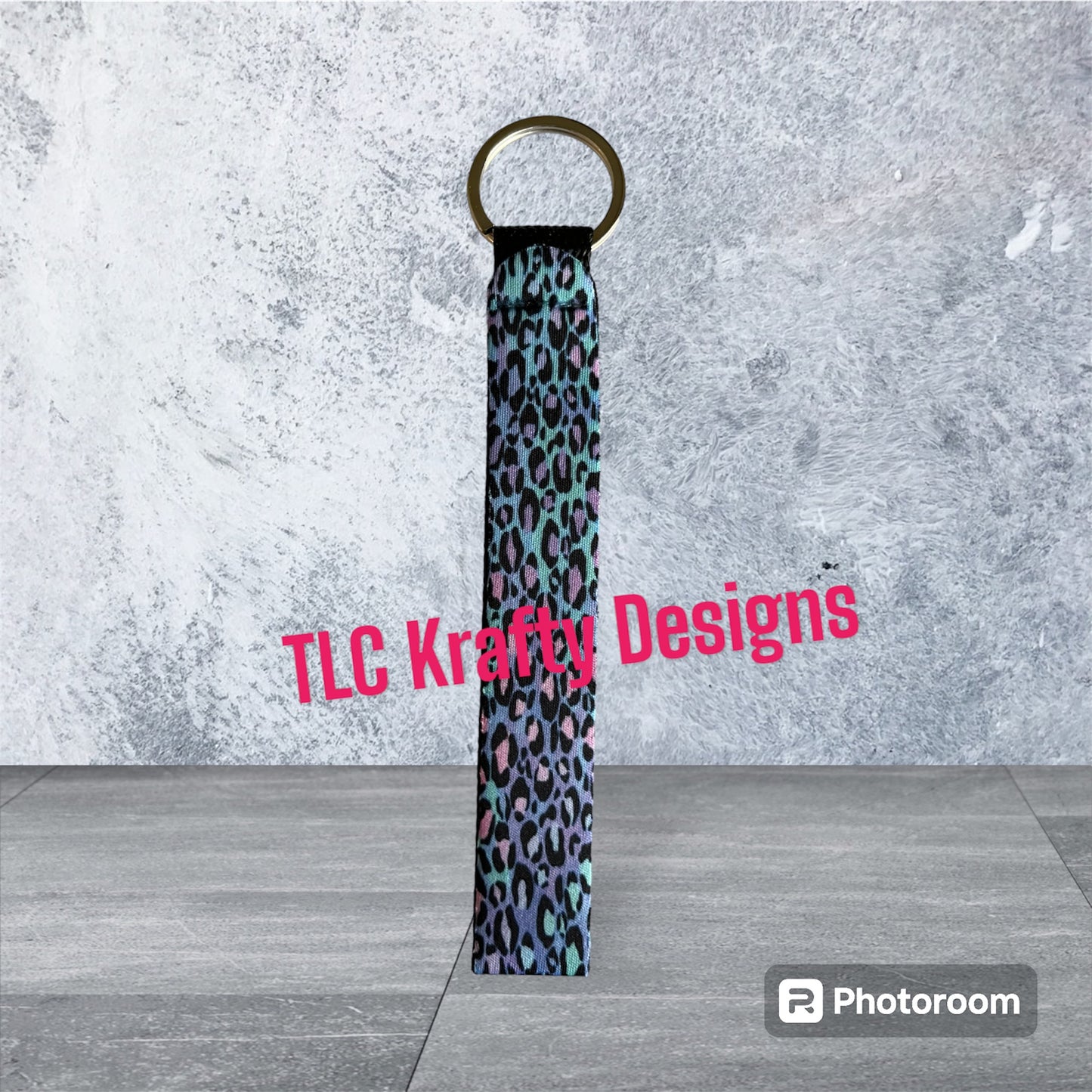 Pink, Turquoise and Black Leopard Print Neoprene wrist lanyard keychain