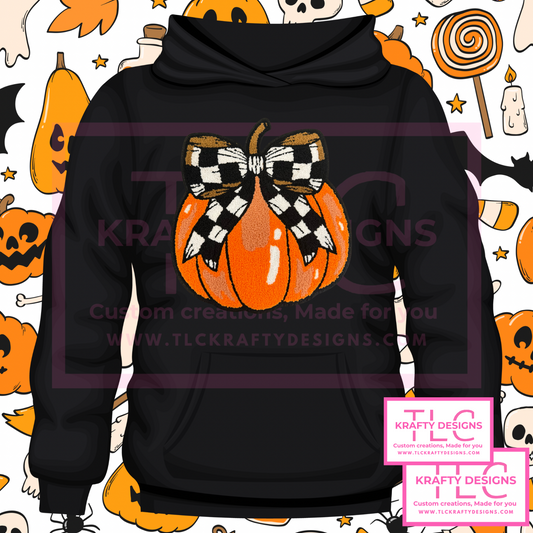 🎃 Pumpkin with Checkered Bow Patch – Chenille Iron-On Fall Accent Sweatshirt  (Approx. 10”)