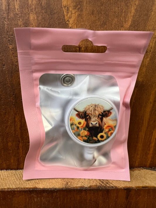 Highland Cow in a field of sunflowers Sublimation Retractable Badge Holder Clip