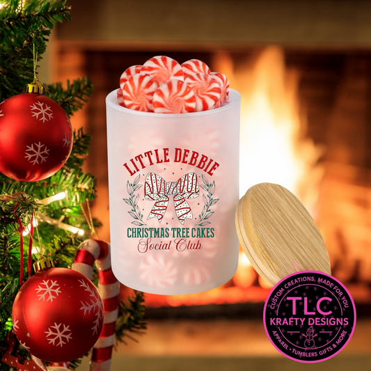 Christmas Tree Cakes Social Club 10oz Frosted Glass Candle or Trinket Holder with Bamboo Lid CK