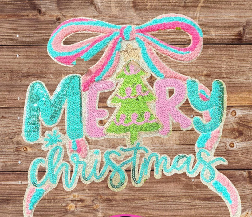 XL Pastel Merry Christmas Chenille Patch with Tree & Bow – Sequin Iron-On / Sew-On Appliqué