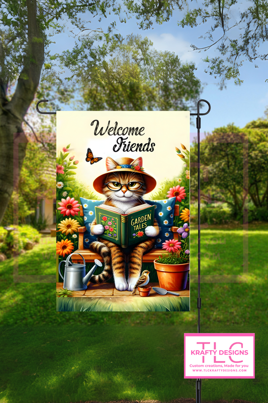 Welcome Friends Garden Flag – Cat Reading “Garden Tales” with Flowers Outdoor Banner