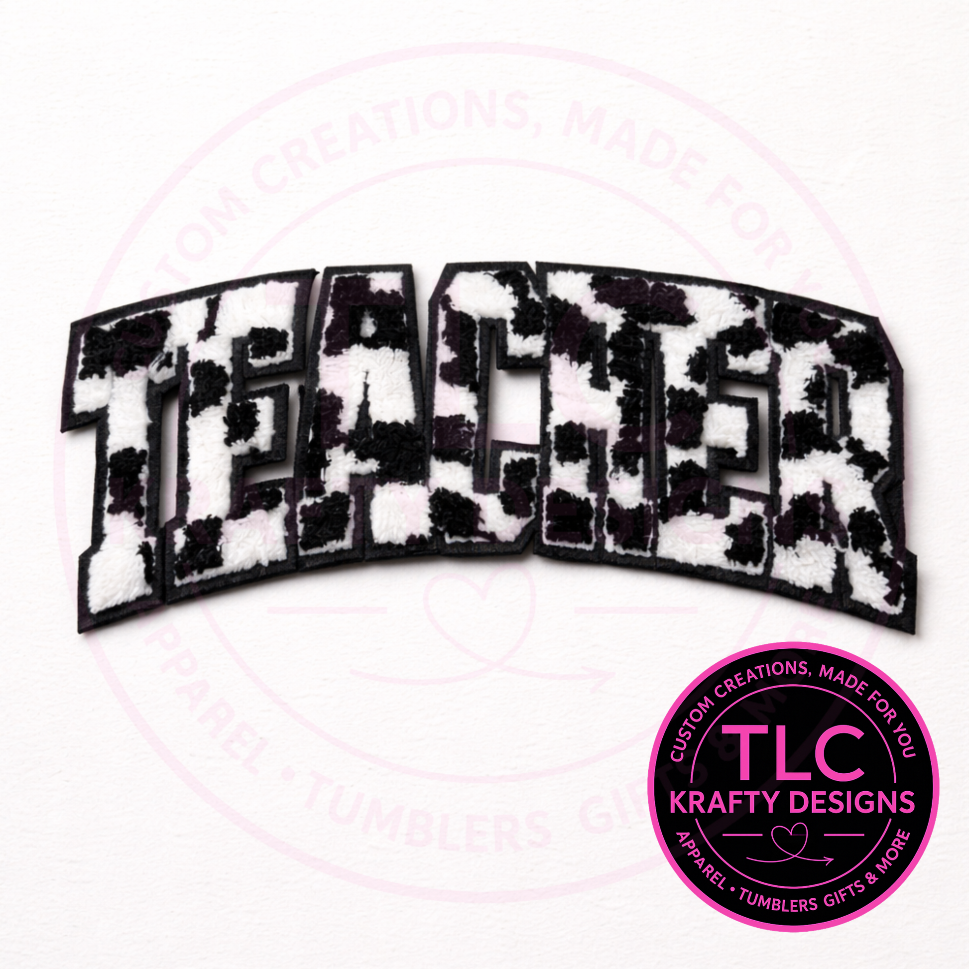 Black and white patterned product with 'TLC Krafty Designs' logo in the corner