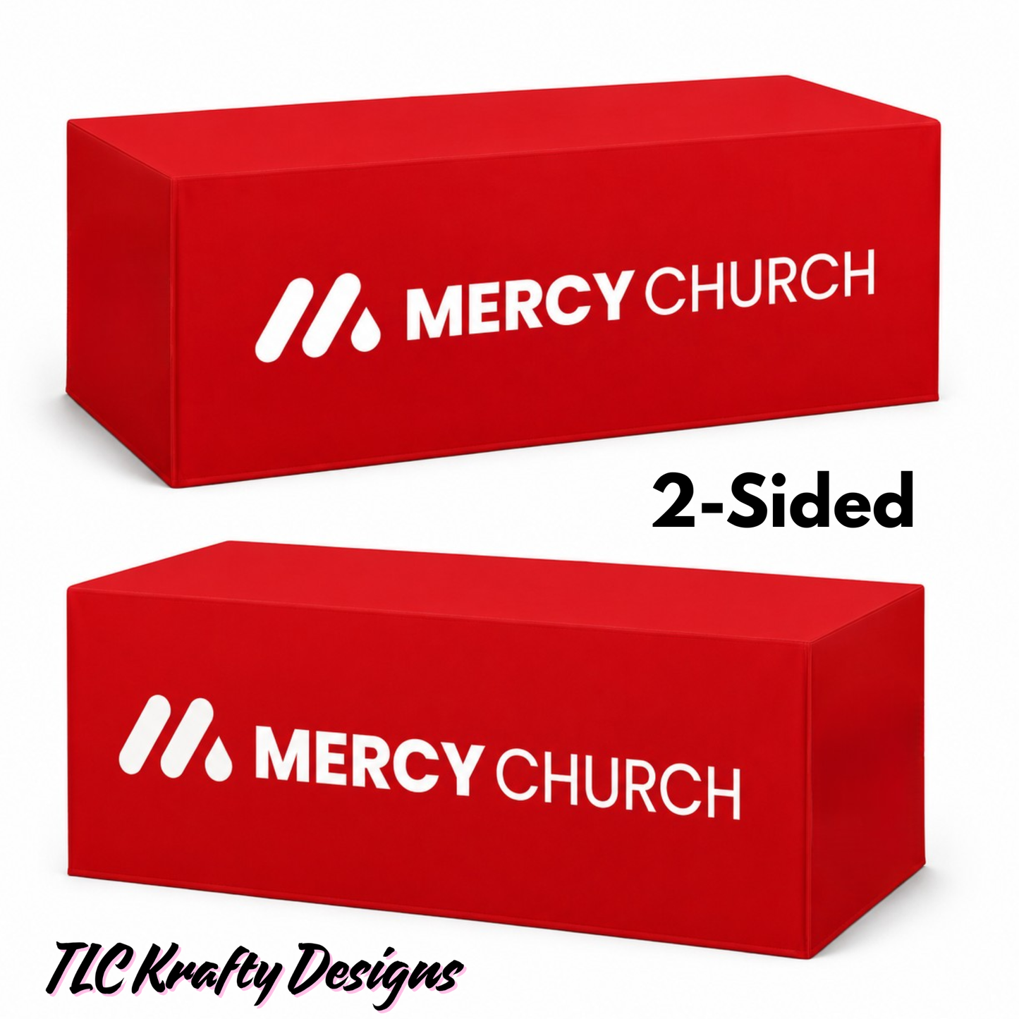 Custom 6’ Two-Sided Table Cover – Mercy Church Branded Event Tablecloth | Full Color Display