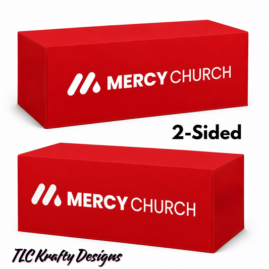 Custom 6’ Two-Sided Table Cover – Mercy Church Branded Event Tablecloth | Full Color Display