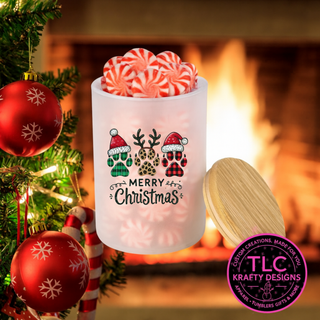 Merry Christmas Dog Paws 10oz Frosted Glass Candle or Trinket Holder with Bamboo Lid CK