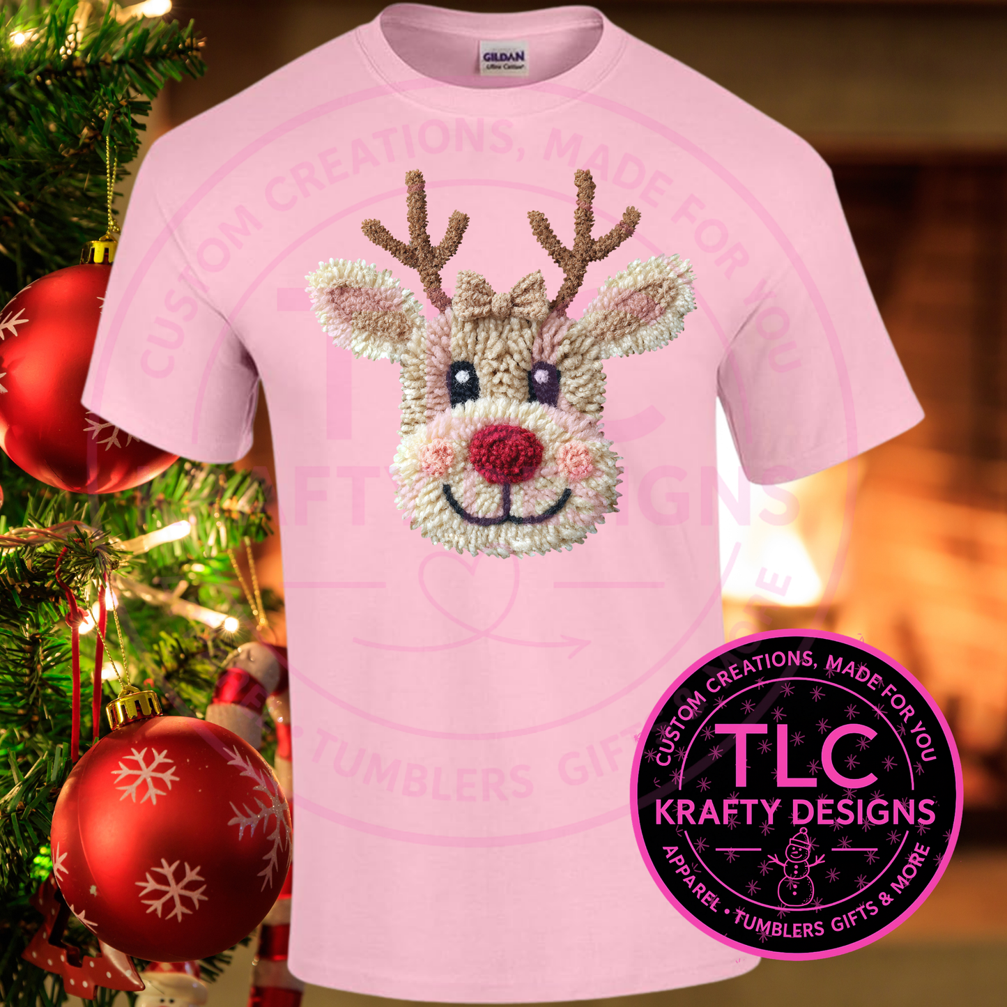 Cute Yarn Look Deer T-Shirt - Festive Christmas Long or Short Sleeve Tee CK