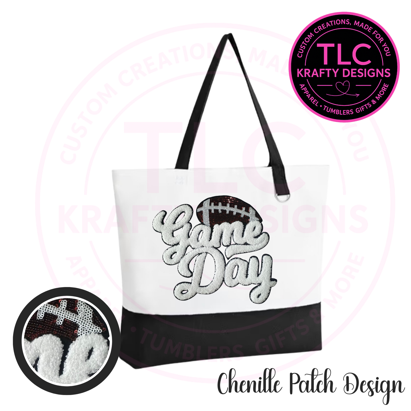 Football Game Day Chenille Patch Canvas Tote Bag