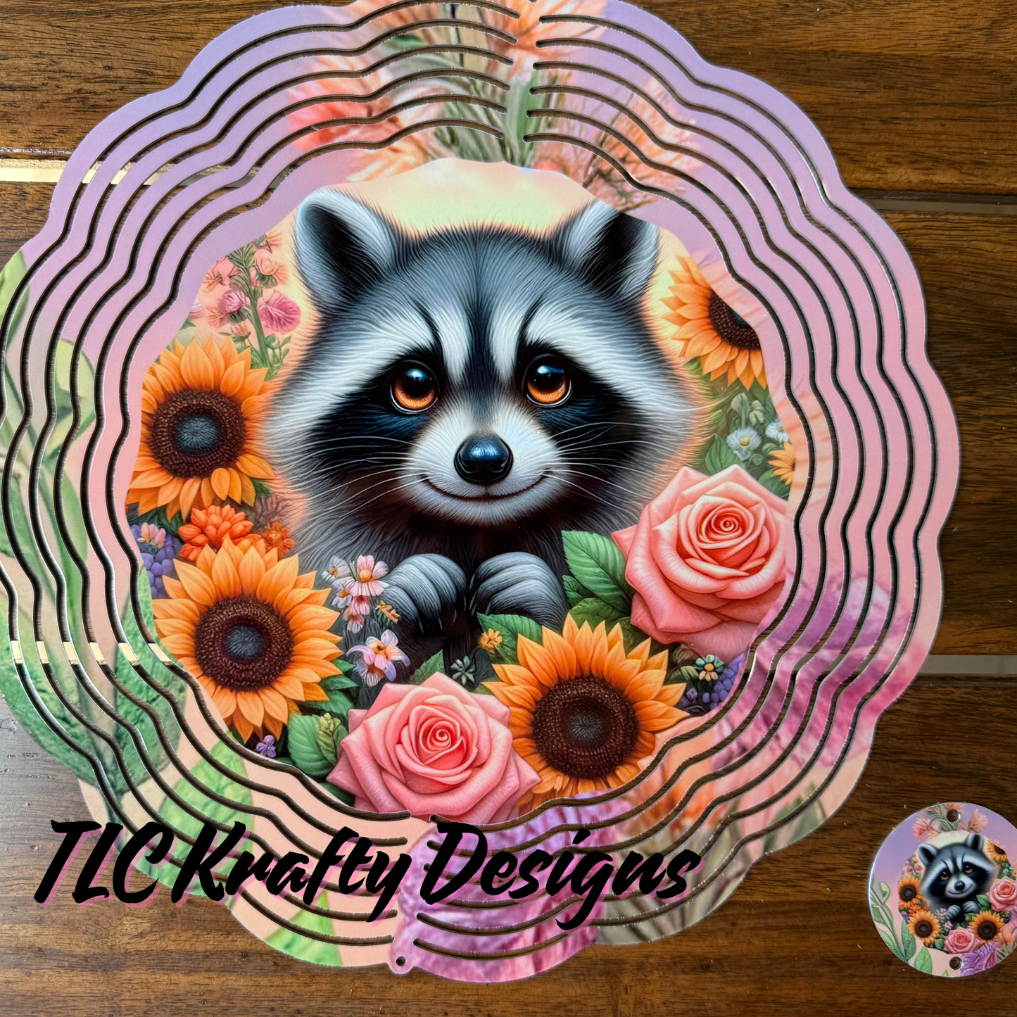 Raccoon And Sunflowers 10” Wind Spinner – Metal Garden Spinner