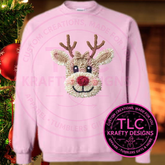 Cute Yarn Look Deer Sweatshirt - Festive Christmas Crew Neck or Hoodie CK