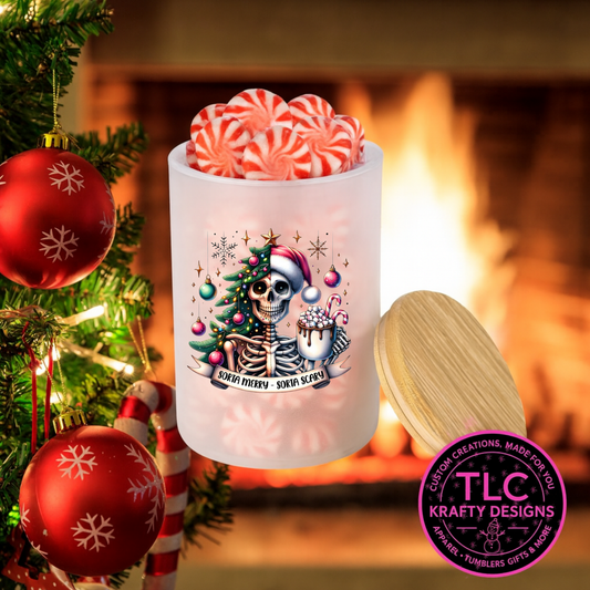 Sorta Merry Sorta Scary Christmas Skeleton 10oz Frosted Glass Candle or Trinket Holder with Bamboo Lid CK