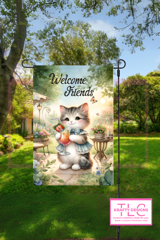 Welcome Friends Garden Flag – Fancy Cat in Dress with Summer Drink Outdoor Banner