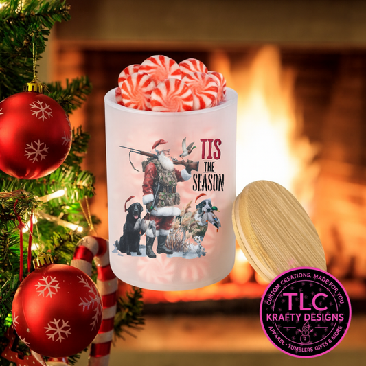 Tis the Season Hunting Santa 10oz Frosted Glass Candle or Trinket Holder with Bamboo Lid CK