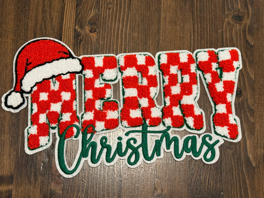 🎄 Merry Christmas Extra Large Patch – Red Checkered Chenille with Santa Hat Accent (Approx. 10”)