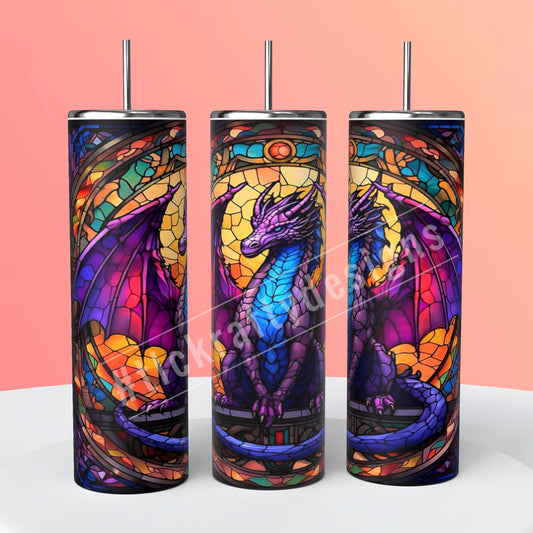 Dragon Mesmerizing 20oz. Skinny tumbler adorned with a stained-glass background