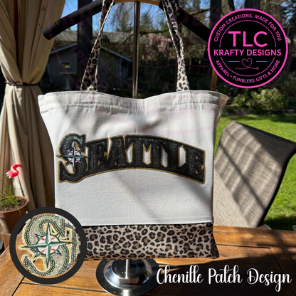 Seattle Baseball Sequin Patch Canvas Tote Bag