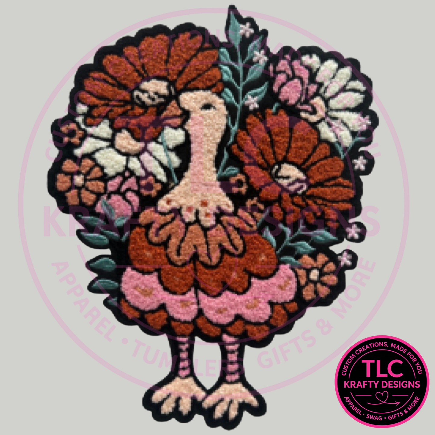 XL Floral Turkey Patch, Large Thanksgiving Turkey Iron On Patch, Fall Flower Patch