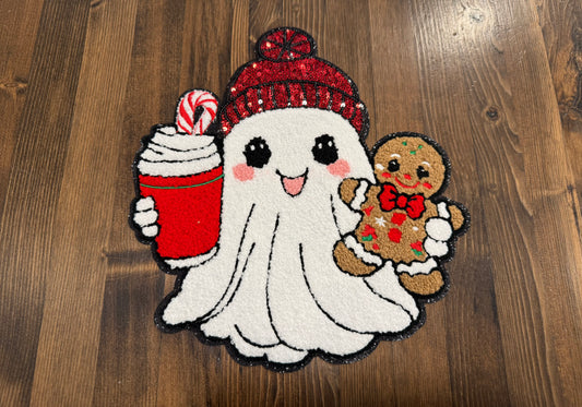 Holiday Ghost Patch with Gingerbread & Peppermint Latte – Chenille Sequin Iron On or Sew On