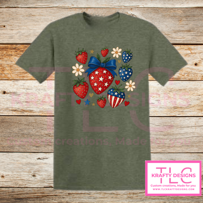 Patriotic Strawberry Tee – Red, White & Blue Summer Style