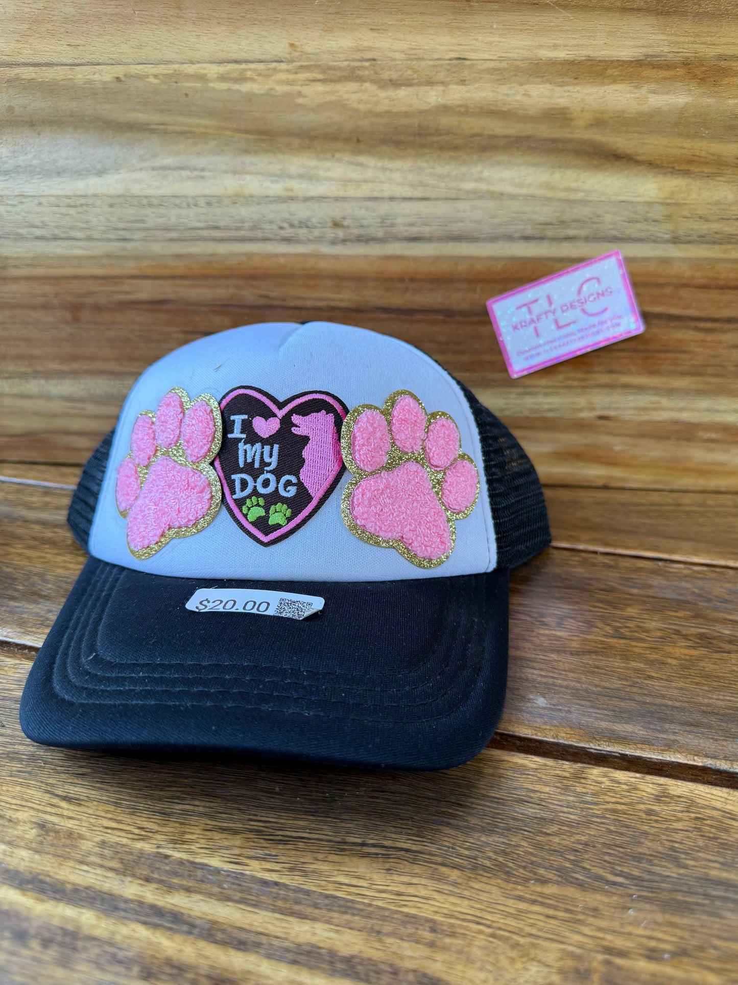 Black Trucker Hat – “I ❤️ My Dog” with Pink Glitter Paws & Gold Outline