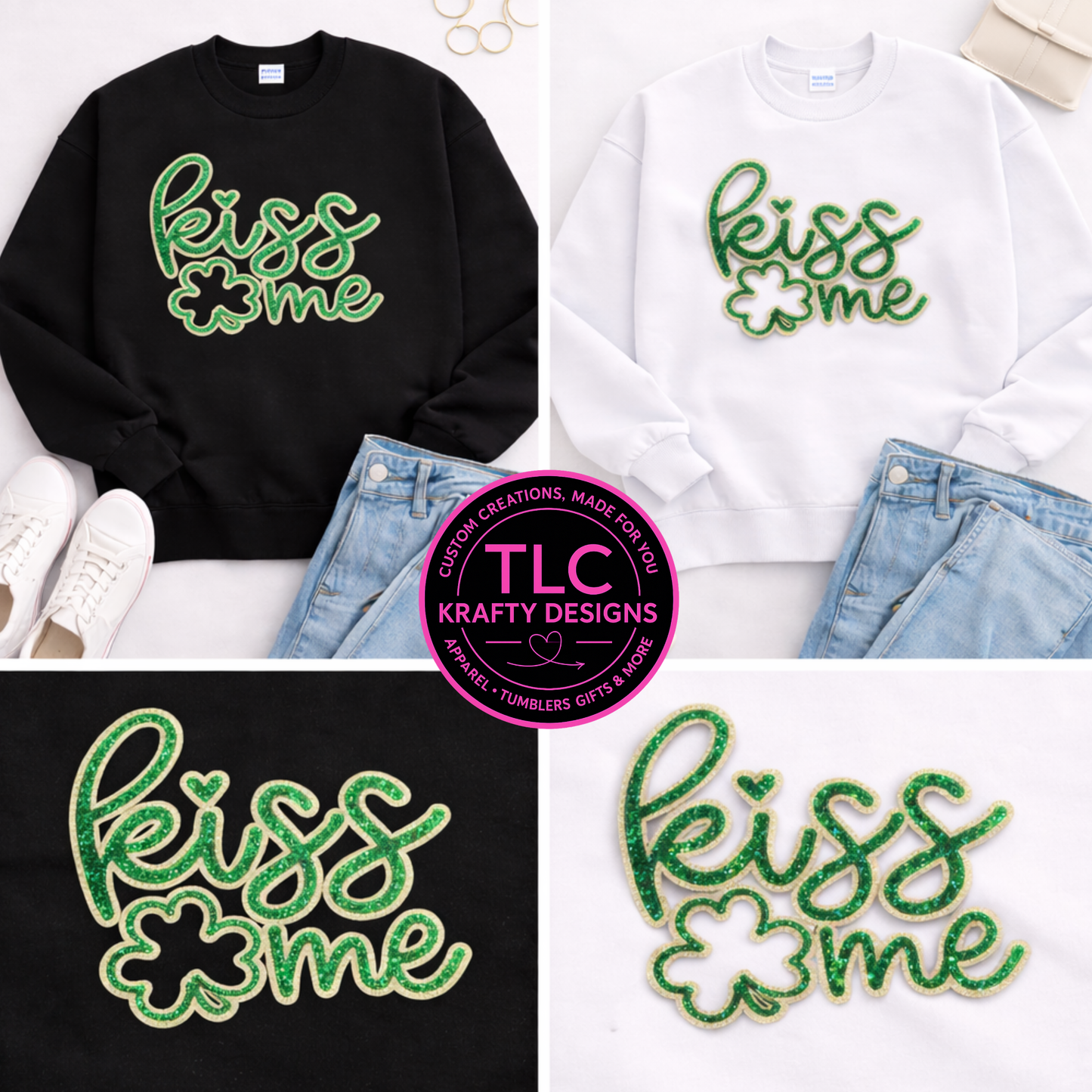 Kiss Me Sparkly Chenille Patch – St. Patrick’s Day Shamrock Patch, Lucky Green Iron-On Applique, DIY Apparel & Tote Patch