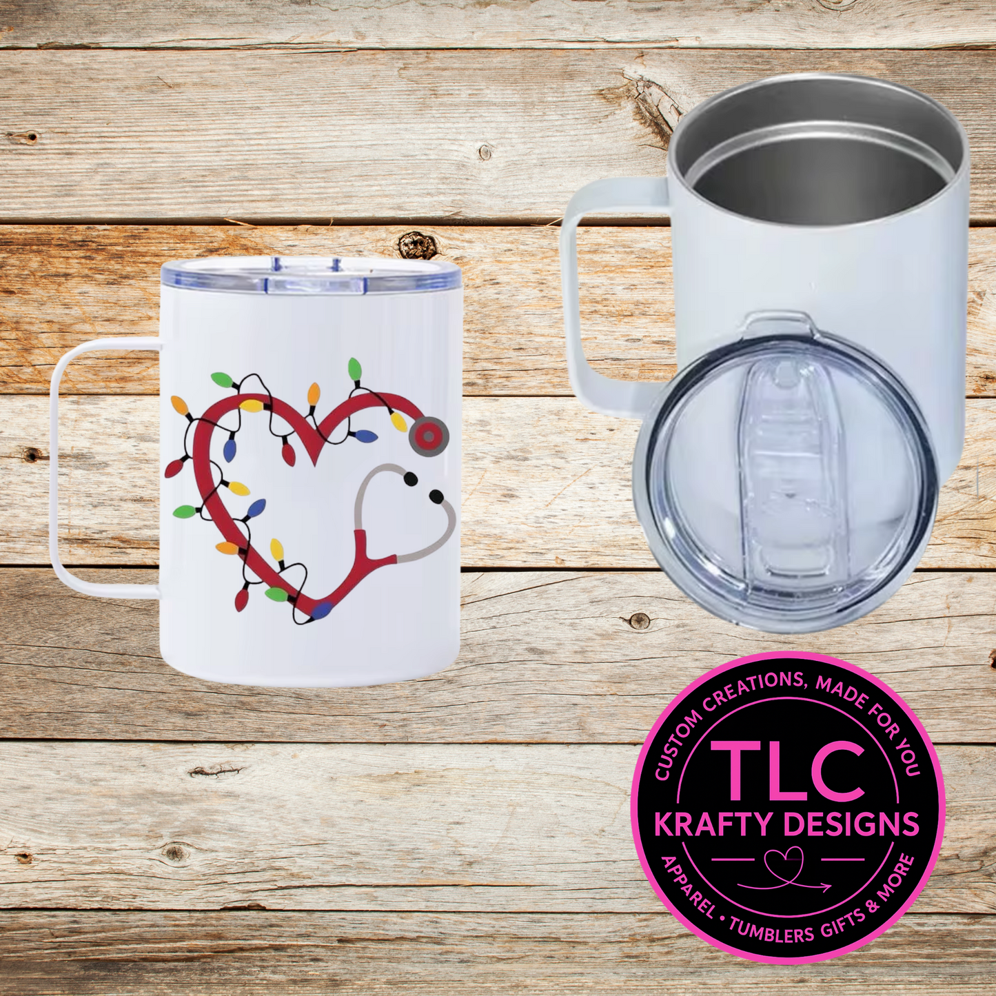 Christmas Nurse Mug – 12oz Travel Mug with Lid, Stethoscope Heart Coffee Cup