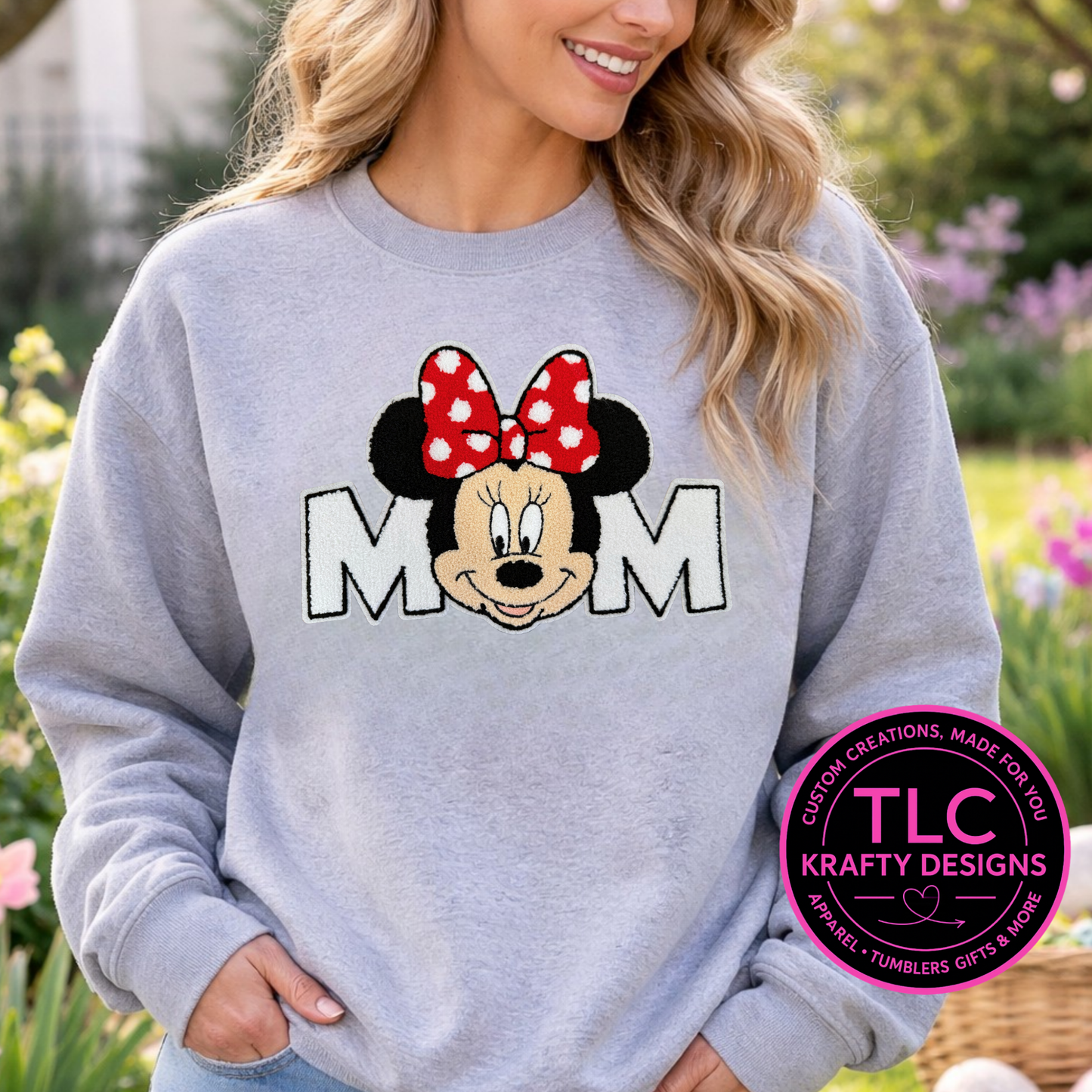MOM Chenille Patch Sweatshirt | Mouse-Inspired Mom Crewneck | Character Style Mom Shirt | Cozy Gift for Moms