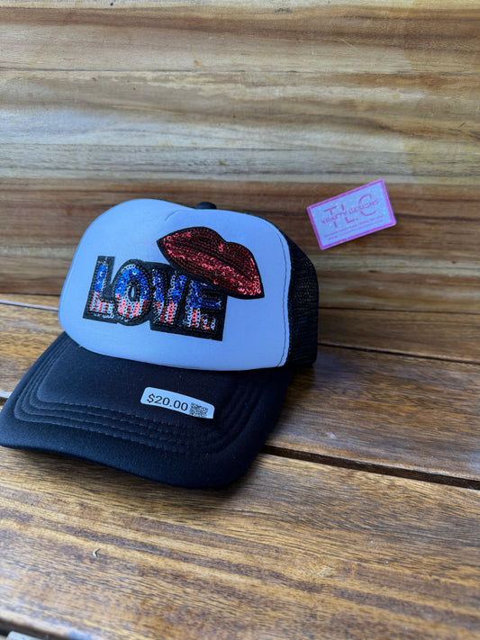 Sequin Love & Lips Trucker Hat – Black Mesh with Sparkle Patch Design