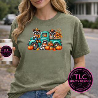 Raccoon Trio Fall Truck Tee - Autumn Essentials Apparel