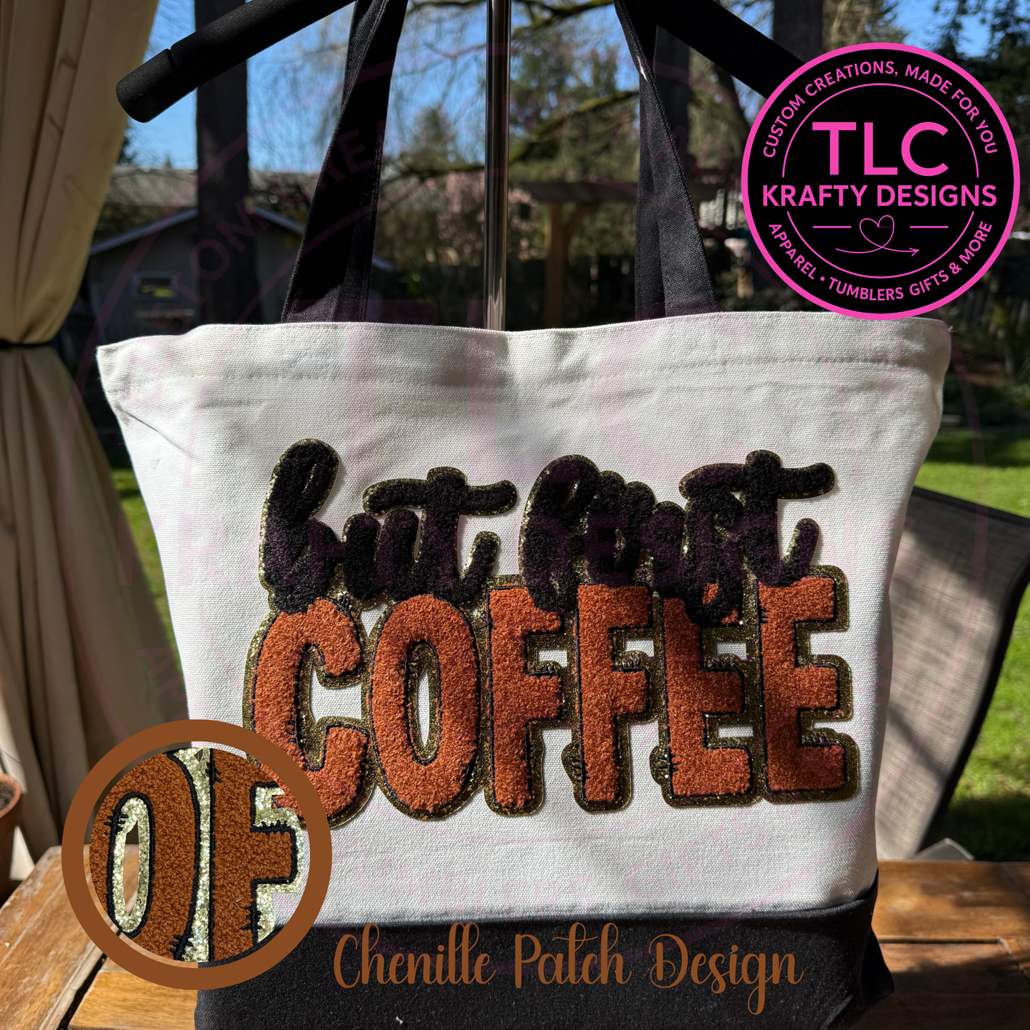 But First Coffee Chenille Patch Canvas Tote Bag