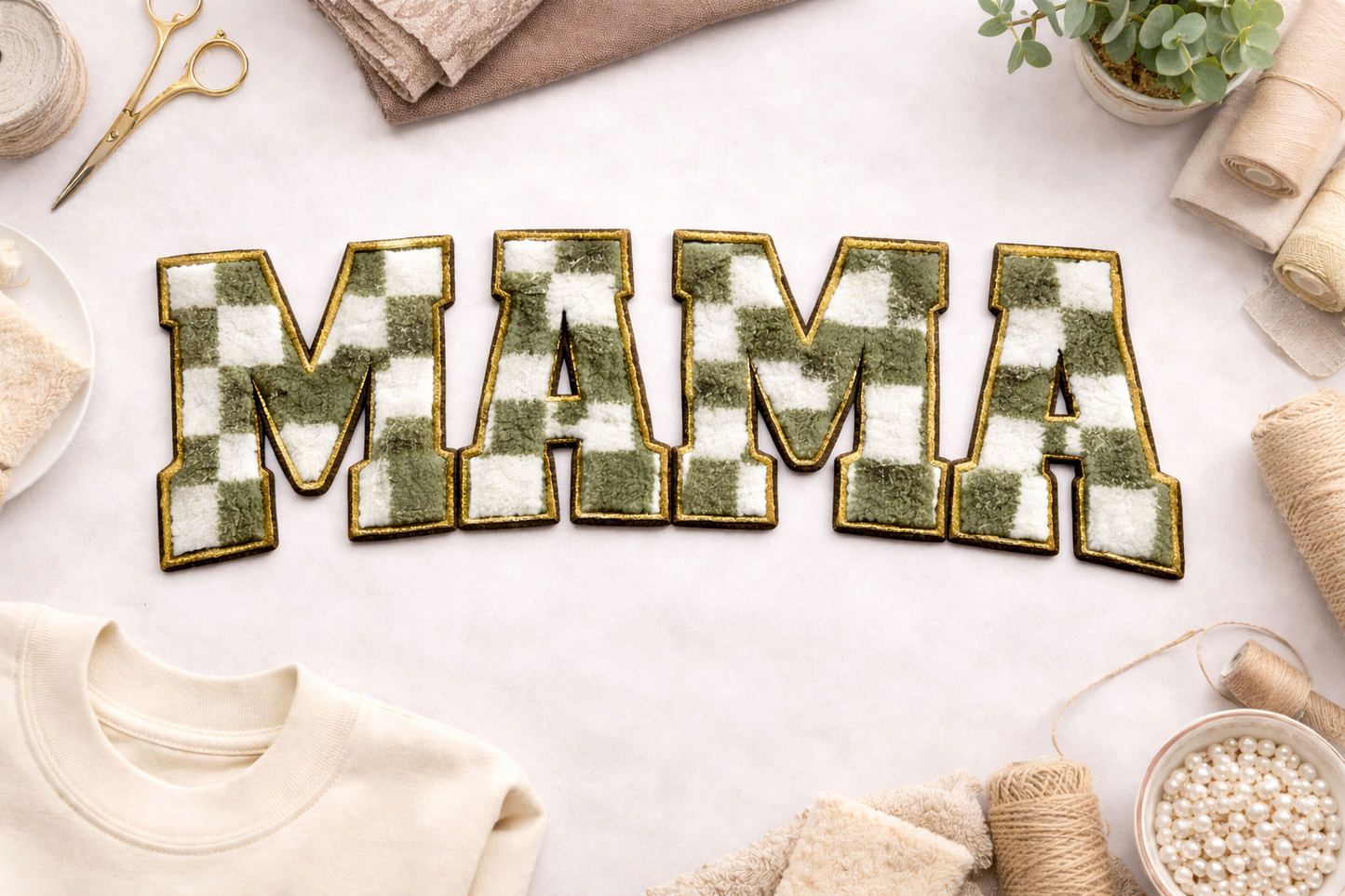 MAMA Buffalo Olive Plaid Patch Sweatshirt | Crewneck or Hoodie