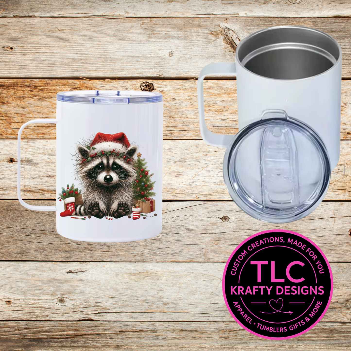 Festive Christmas Raccoon Mug - 12oz Travel Mug With Lid CK