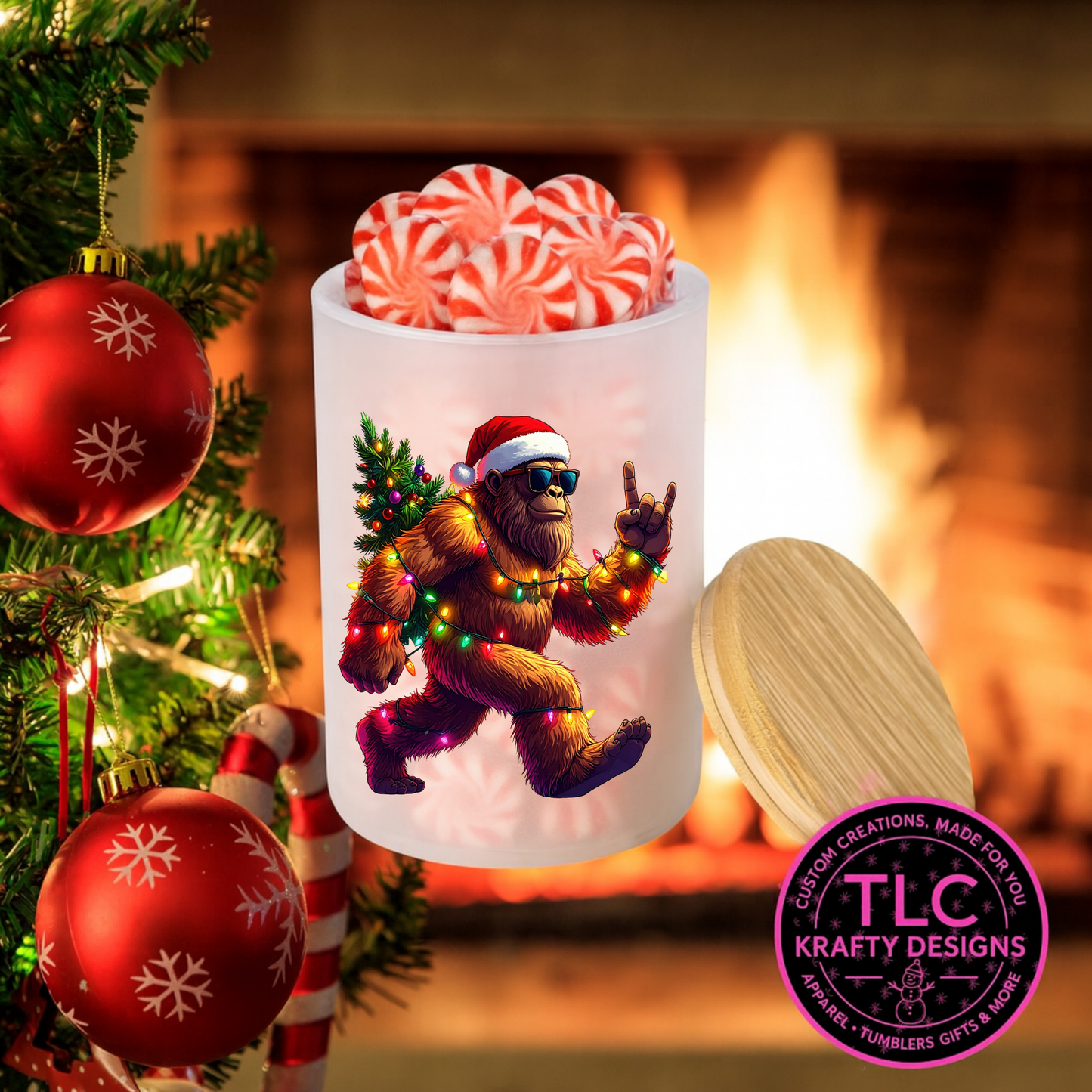 Festive Sasquatch 10oz Frosted Glass Candle or Trinket Holder with Bamboo Lid CK
