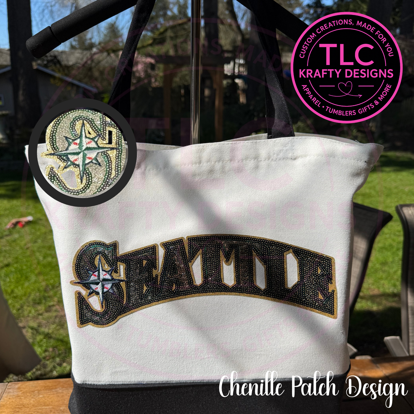 Seattle Baseball Sequin Patch Canvas Tote Bag