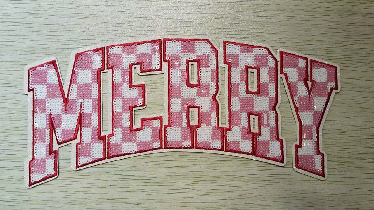 Merry Sequin Patch XL Iron-On Patch, Pink Checkered Christmas Patch, Holiday Sweatshirt Patch, Jacket Patch, DIY Christmas Apparel