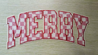 Merry Sequin Patch XL Iron-On Patch, Pink Checkered Christmas Patch, Holiday Sweatshirt Patch, Jacket Patch, DIY Christmas Apparel